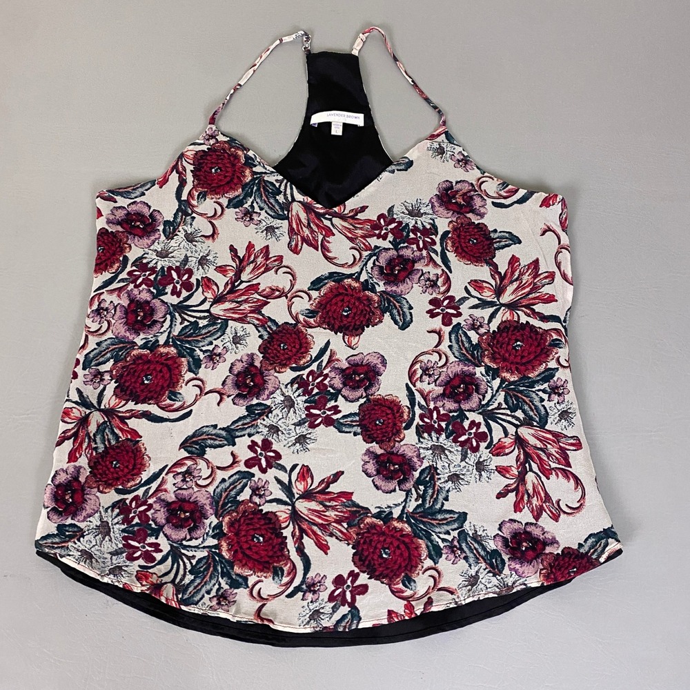 Lavender Brown Silk Tank Top Women's Size Large Floral Cream Red Racerback USA